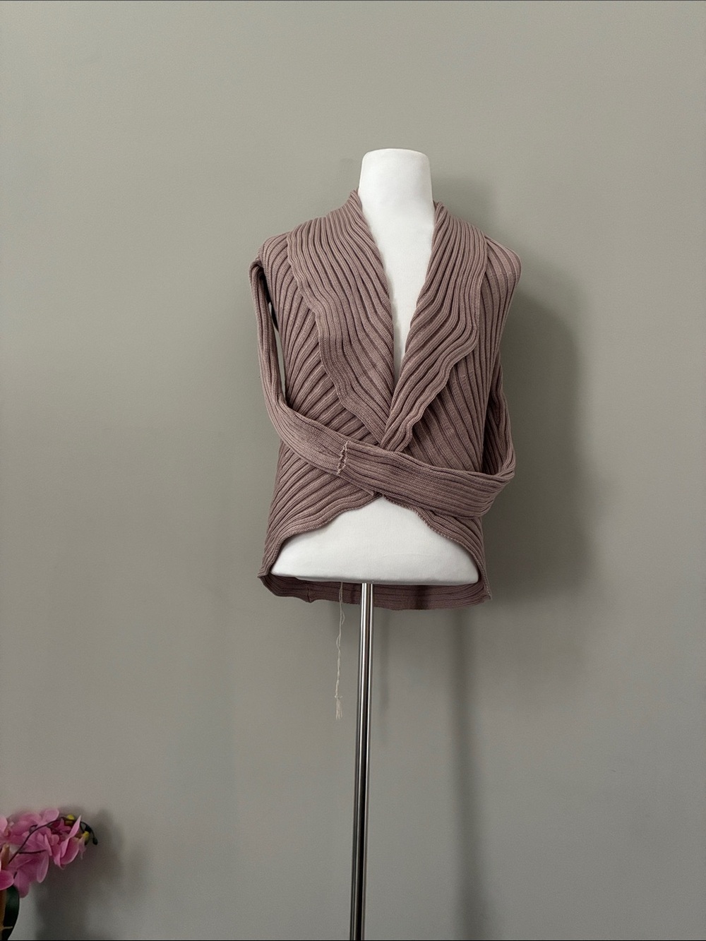 Shawl-Collar Ribbed Wrap Sweater Vest - Dusty Mauve